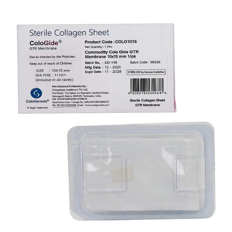 Sterile Cologenesis Colo Gide GTR collagen membrane sheet, 20x32mm, used as a medical membrane or plug for surgical procedures.