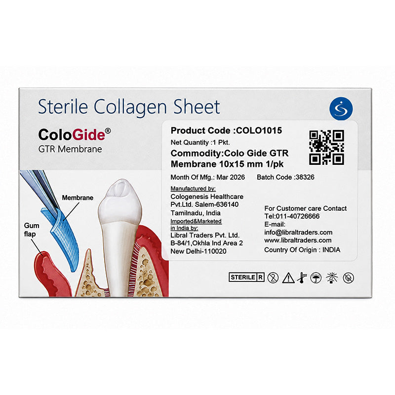 Sterile Cologenesis Colo Gide GTR collagen membrane sheet used as a dental plug or barrier in oral surgeries.
