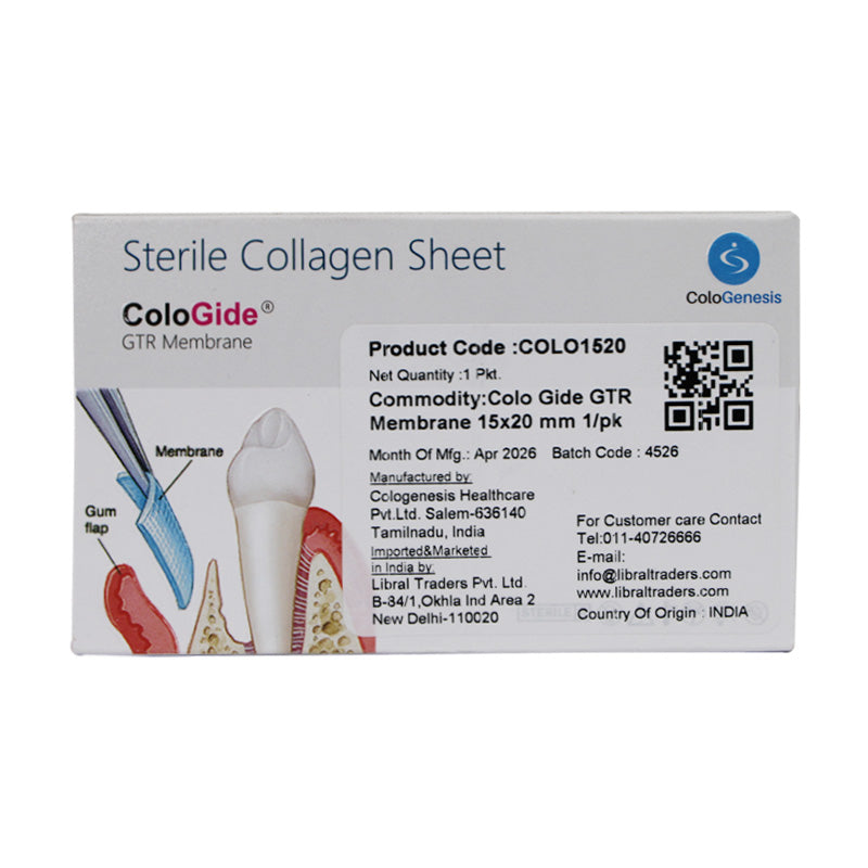Sterile Cologenesis Colo Gide GTR collagen membrane sheet and plug, 20x32mm, used for medical tissue regeneration.