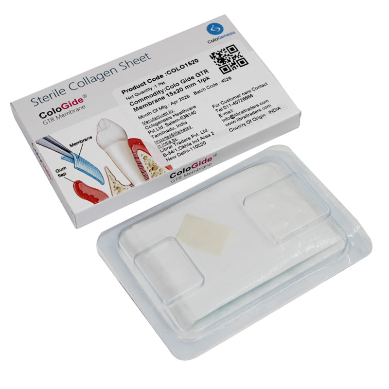 Sterile Cologenesis Colo Gide GTR collagen membrane sheet in plug form, 20x32mm, used for surgical or dental procedures.