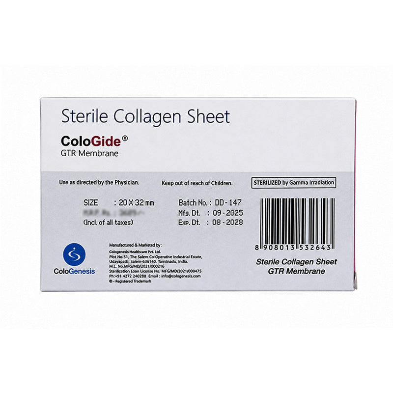 Sterile Cologenesis Colo Gide GTR collagen membrane sheet in a 20x32mm size, used as a membrane or plug in dental procedures.