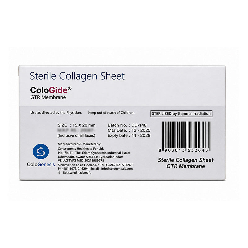 Sterile collagen sheet membrane and plug from Cologenesis Healthcare, used for dental or surgical procedures.