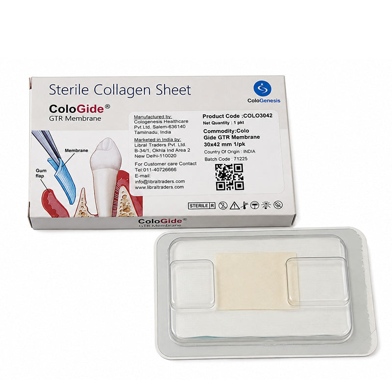 Sterile collagen sheet membrane and plug for dental or surgical applications by Cologenesis Healthcare, measuring 20x32 mm.