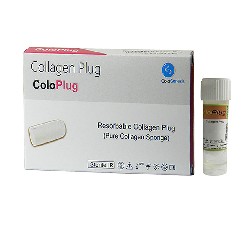 Sterile resorbable collagen sponge membrane plug by Cologenesis Healthcare, 8x20mm, used for medical wound or tissue healing.