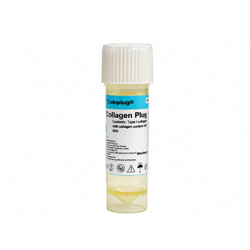 Sterile resorbable collagen sponge membrane plug by Cologenesis Healthcare, measuring 8x20 mm, used for medical wound care.