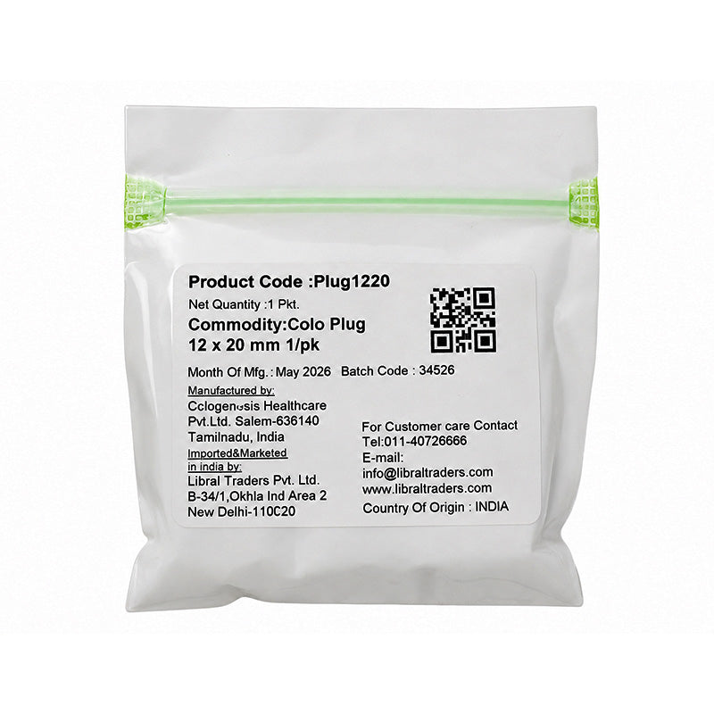 Sterile resorbable collagen sponge membrane plug from Cologenesis Healthcare, 8x20mm, used for medical or dental procedures.