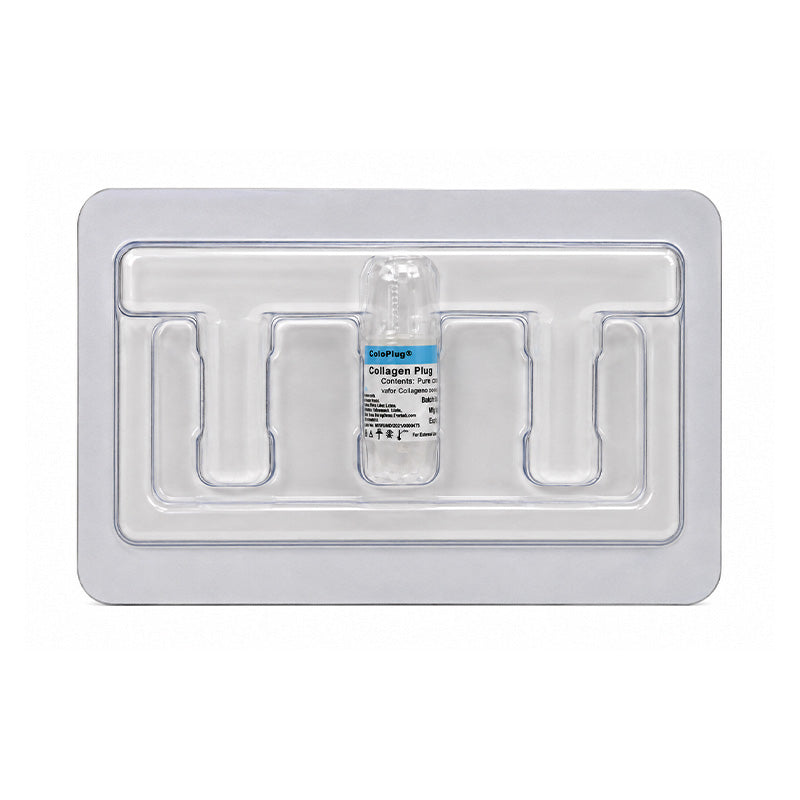 Sterile resorbable collagen sponge membrane plug by Cologenesis Healthcare, 8x20mm, used for medical or dental procedures
