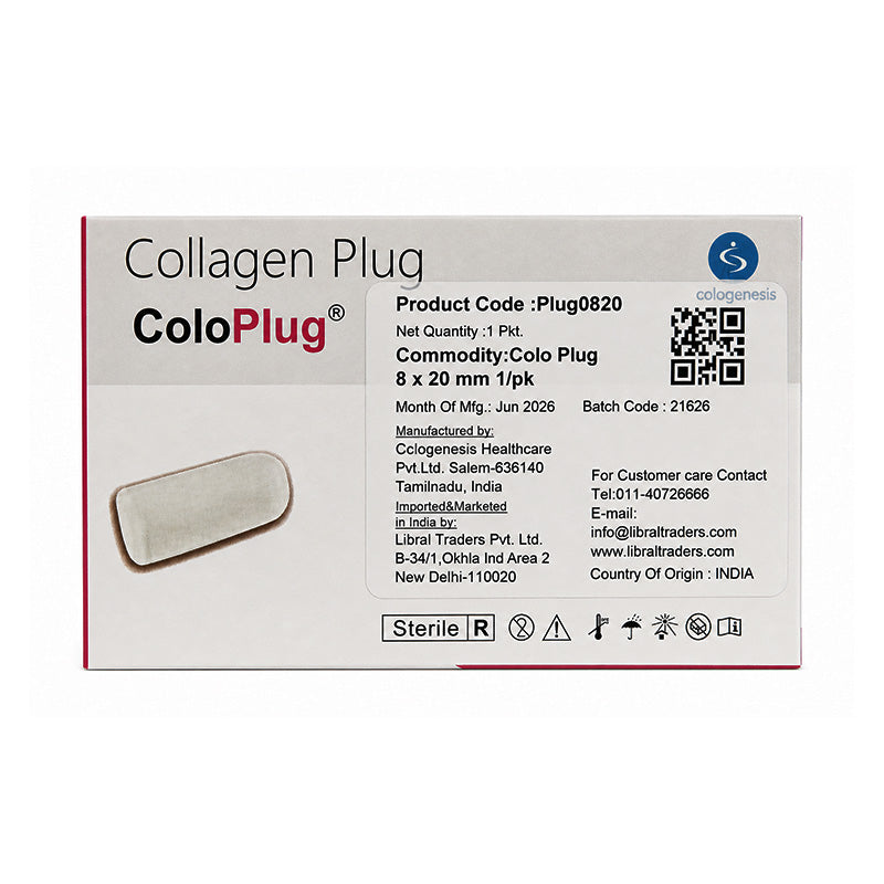 Sterile resorbable collagen sponge membrane plug by Cologenesis Healthcare, 8x20mm, used for medical wound or tissue support.