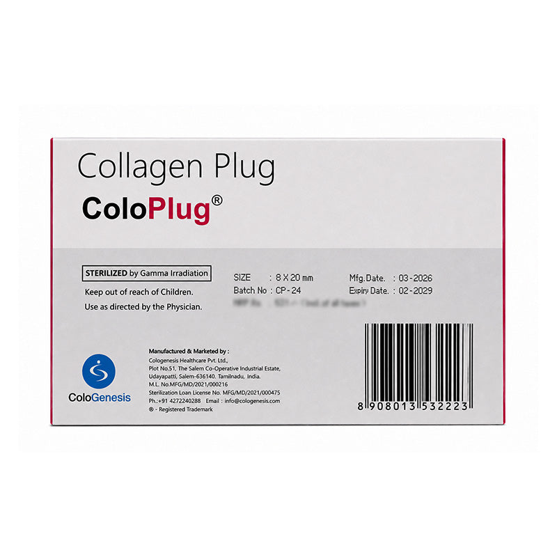 Sterile resorbable collagen sponge membrane plug from Cologenesis Healthcare, 8x20mm, used for medical applications.