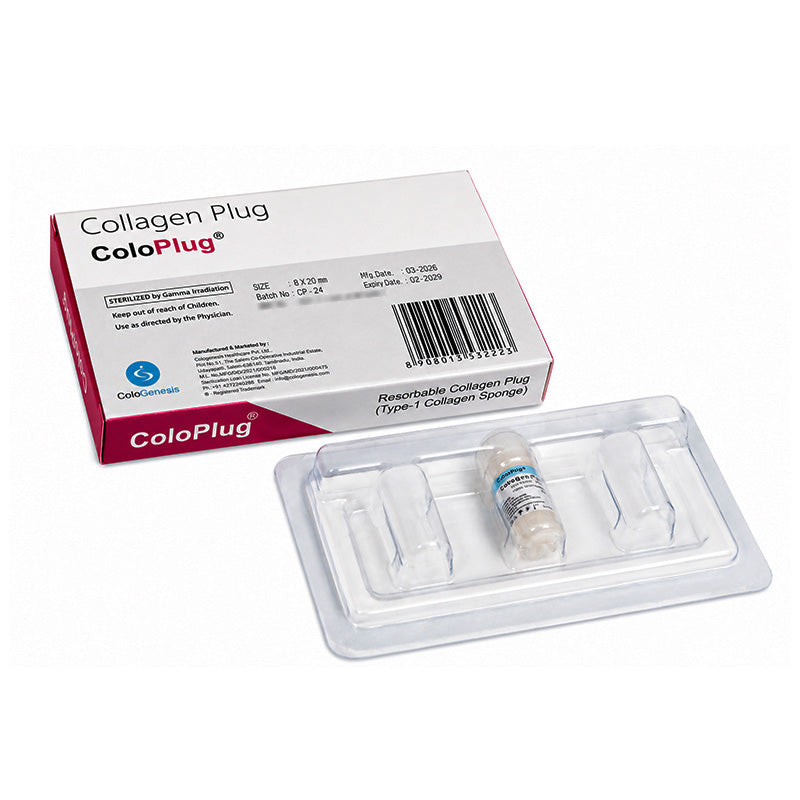 Sterile resorbable collagen sponge membrane plug by Cologenesis Healthcare, 8x20mm for medical or dental use
