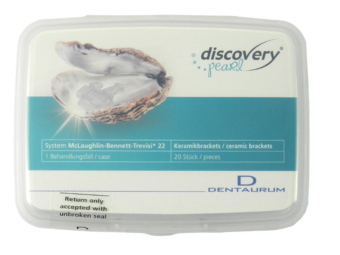 Dentaurum Discovery Pearl Ceramic Brackets for aesthetic orthodontic treatment, shown in a non-extraction kit with 20 brackets.