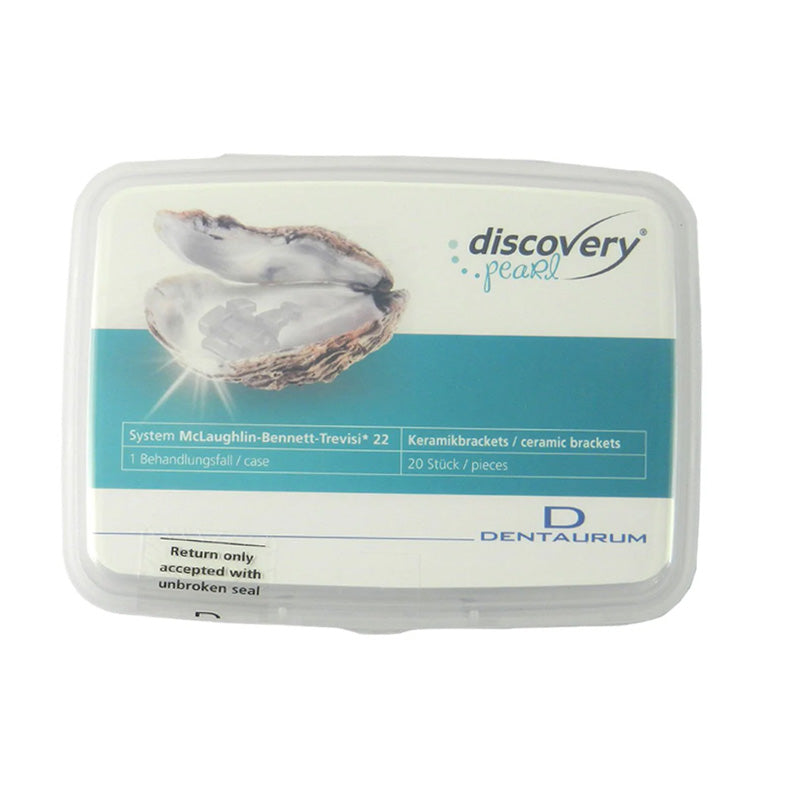 Dentaurum Discovery Pearl Ceramic Brackets, aesthetic orthodontic brackets for teeth, shown in a non-extraction kit set of 20 pieces.