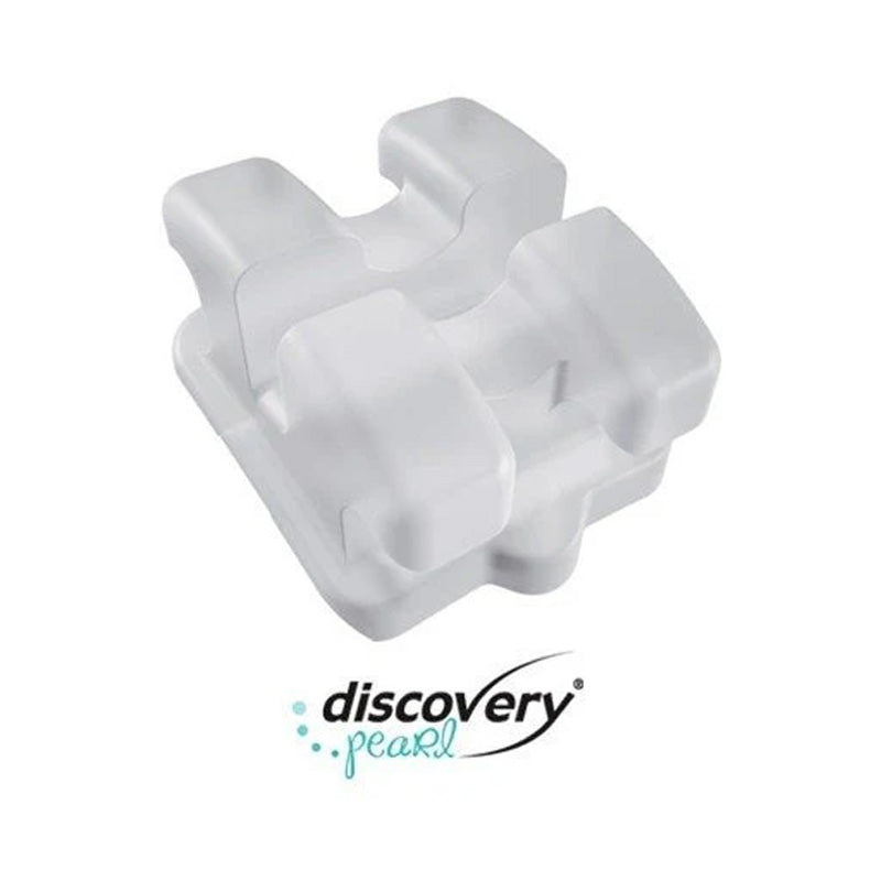 Dentaurum Discovery Pearl ceramic aesthetic orthodontic brackets for braces, shown in a close-up image.