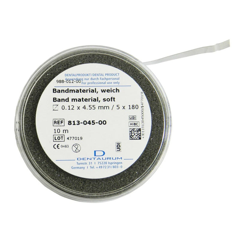 Dentaurum orthodontic band material in 10 meters, showing flexible metal strips used for dental braces and orthodontic appliances.