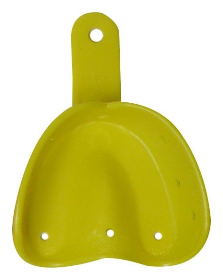 Yellow Dentaurum O-Tray disposable impression tray for upper dental impressions in orthodontic and dental procedures.