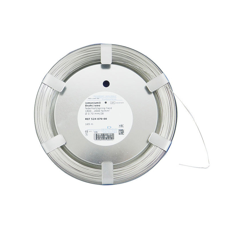 Dentaurum Remanium round spring hard orthodontic laboratory wire, 1-2 mm, high tensile strength 1800/2000 N/mm², 10 meters length.