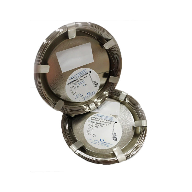 Dentaurum Remanium round spring hard orthodontic wire, 1-2mm, laboratory wire, 1800-2000 N/mm², used in orthodontic treatments.