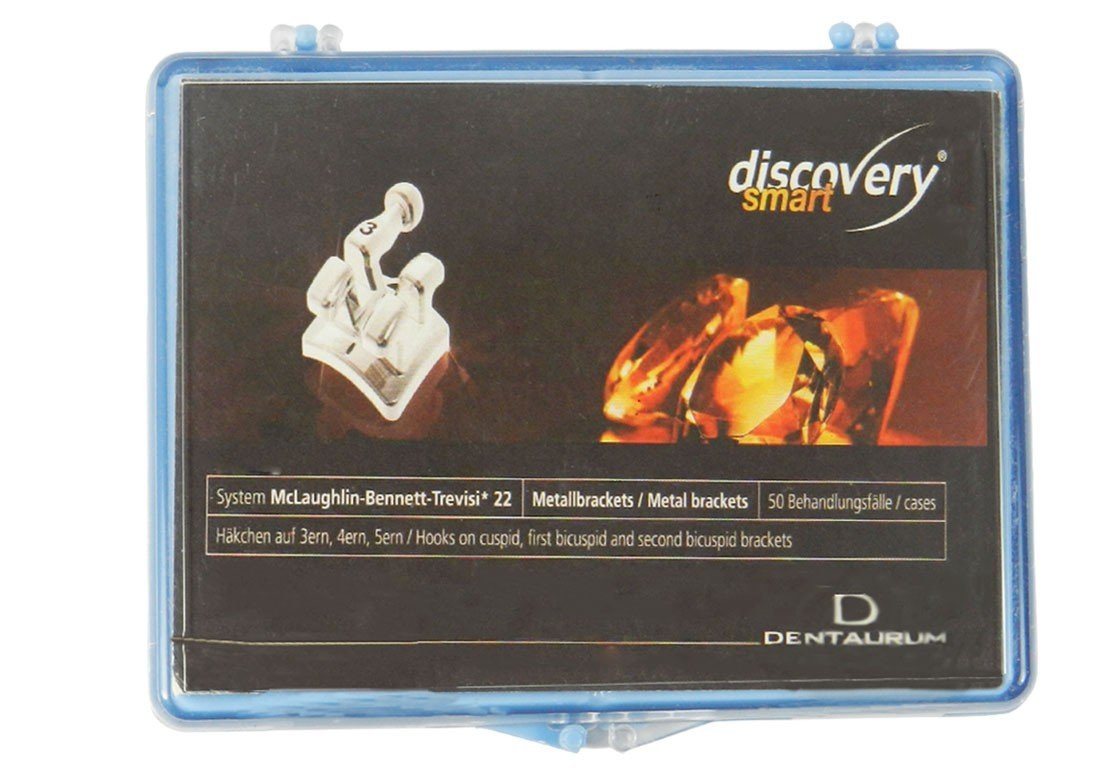 Set of 20 Dentaurum Discovery Smart Metal Brackets for orthodontic treatment, shown in a close-up image.