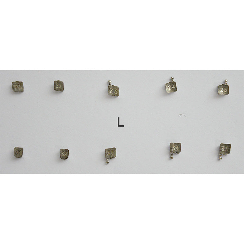 Set of 20 Dentaurum Discovery Smart metal orthodontic brackets for braces treatment, shown in a clear view with detailed structure.