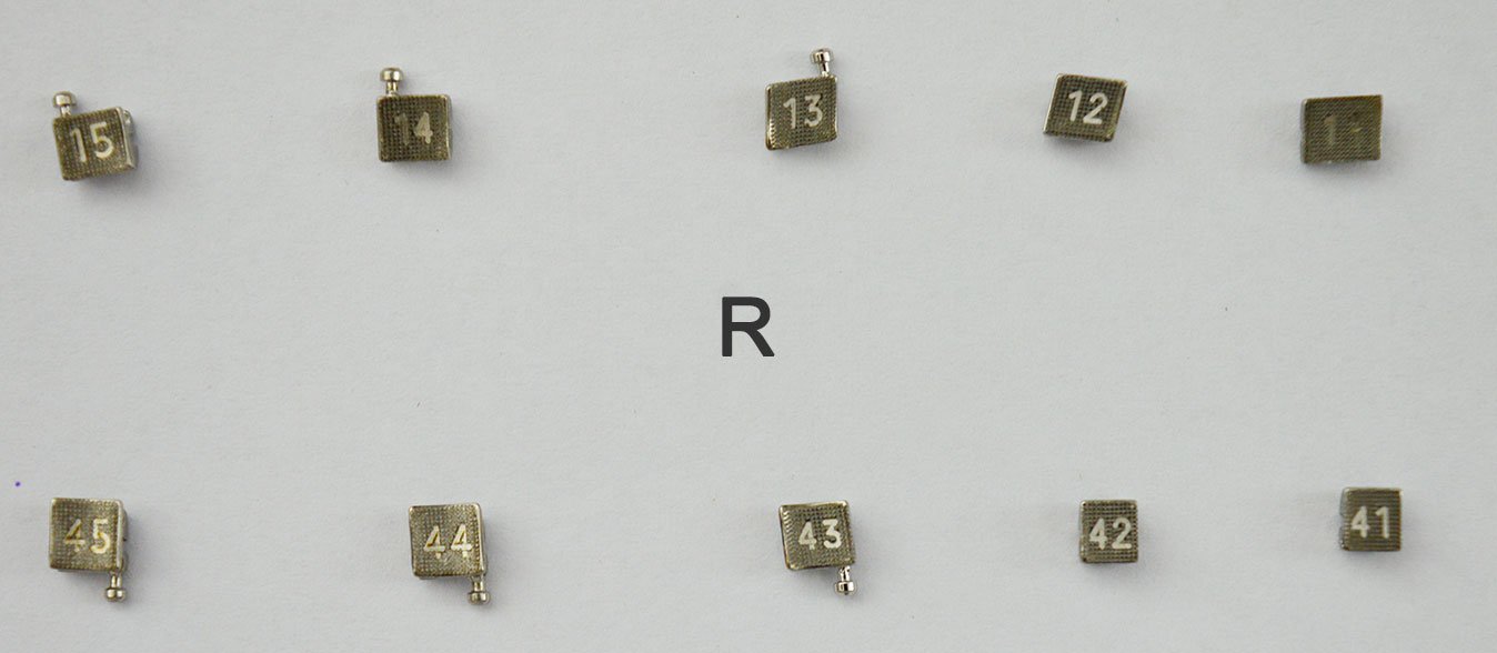 Dentaurum Equilibrium Metal Brackets for orthodontics, Roth and MBT, standard and mini sizes, shown in a 20-piece kit.