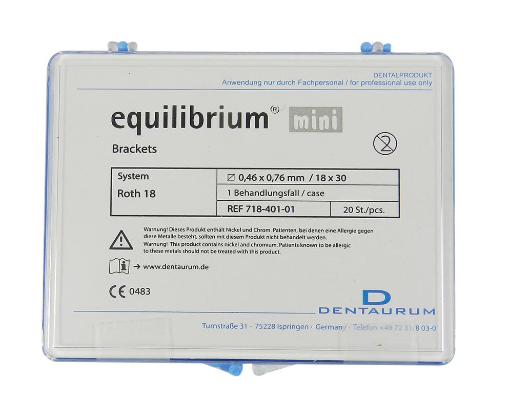 Dentaurum Equilibrium Roth/MBT metal orthodontic brackets, standard and mini sizes, used for braces treatment.