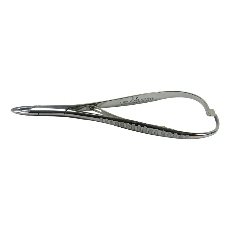 Dentaurum Orthodontics mini needle holder and ligating instrument held in hand, showcasing precise dental tool for orthodontic procedures.