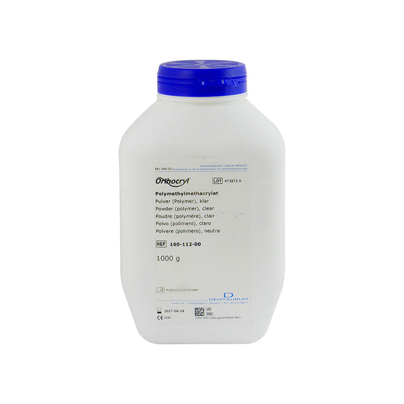 Dentaurum Orthodontics Orthocryl Powder Polymer in clear, 1 kg bag, used for orthodontic acrylic appliances and repairs.
