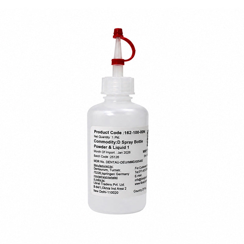 Dentaurum Orthodontics spray bottle containing powder and liquid for orthodontic acrylics, 100 ml, shown with label and nozzle.