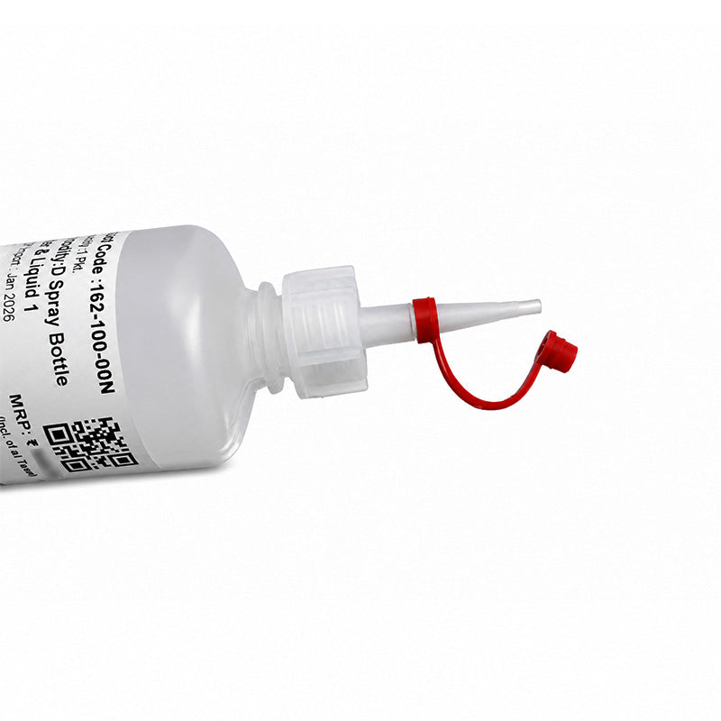 Dentaurum Orthodontics spray bottle containing powder and liquid for orthodontic acrylics, 100 ml, shown with label and nozzle.