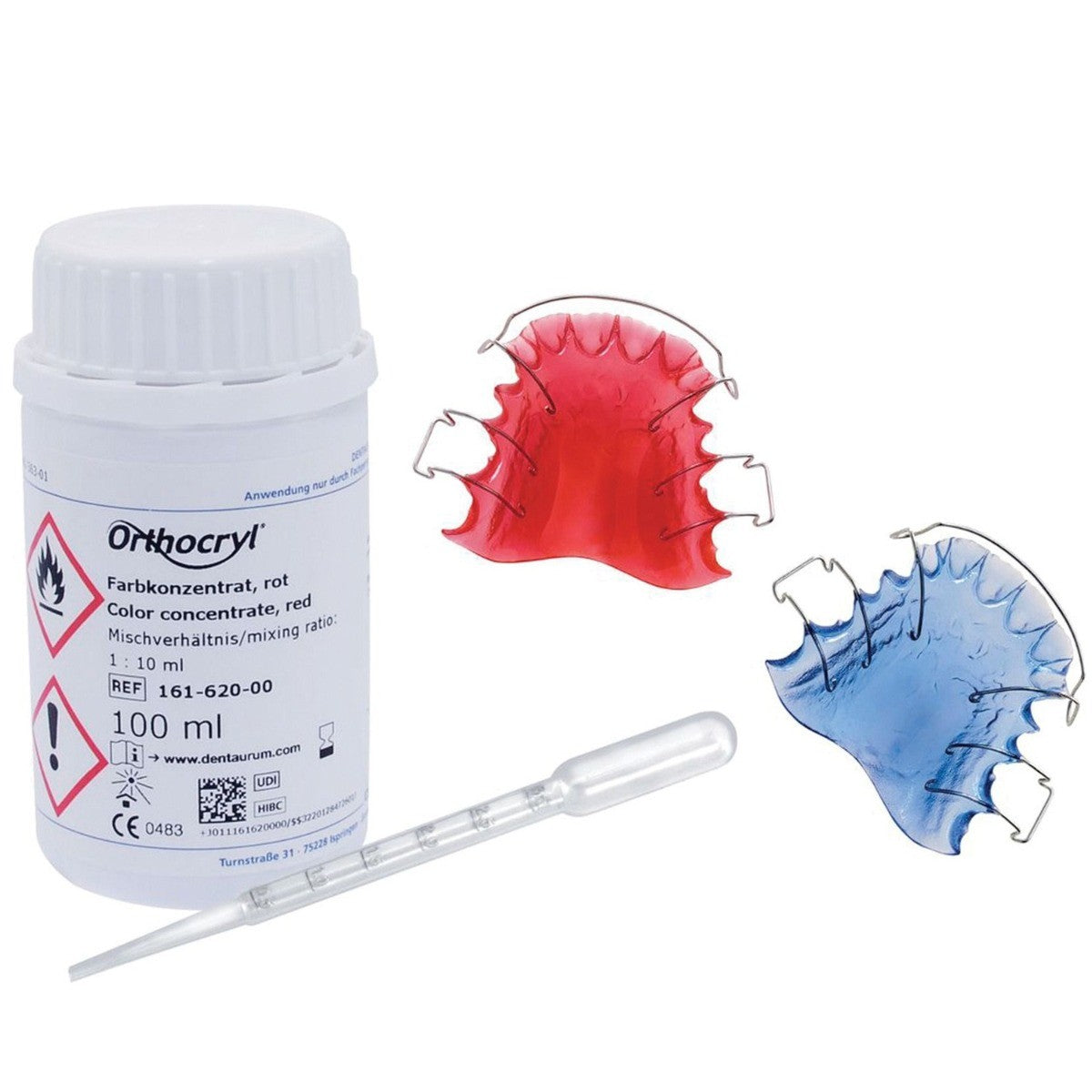 Red Dentaurum Orthocryl Colour Concentrate for orthodontic acrylics, 100ml bottle, used in orthodontic appliance fabrication.