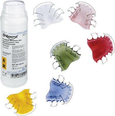 Dentaurum Orthocryl Liquid Monomer for orthodontic acrylics, turquoise 250 ml bottle, used in dental orthodontic procedures