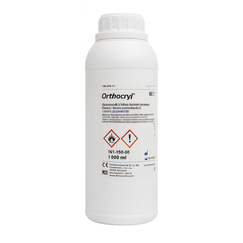 Dentaurum Orthocryl Liquid Monomer for orthodontic acrylics, turquoise 250 ml container, used in orthodontic appliance fabrication