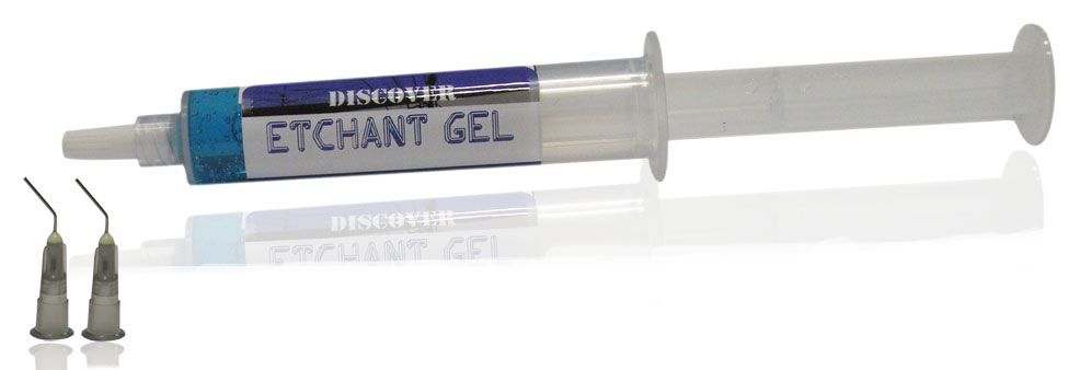 Discover Etchant Gel Syringe 37% in green, 12g, used for dental etching, with a visible syringe and label in the image.