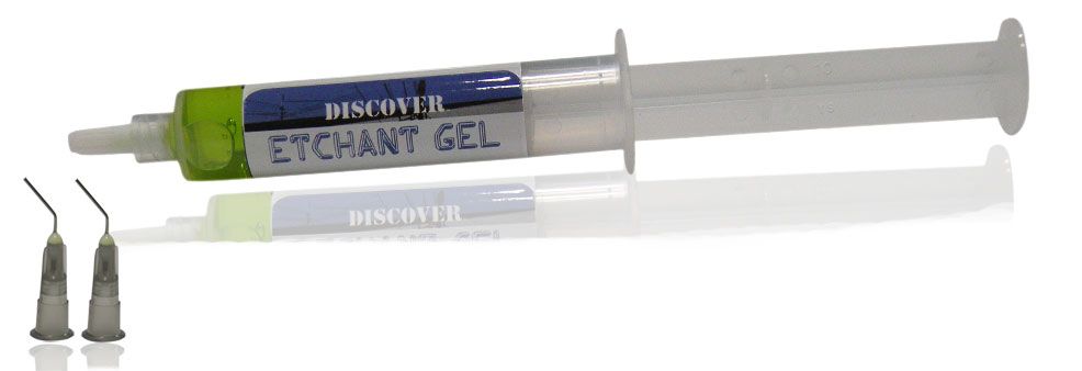 Discover Etchant Gel Syringe 37% in green, 12g, for dental etching, shown in a clear syringe with a needle tip.
