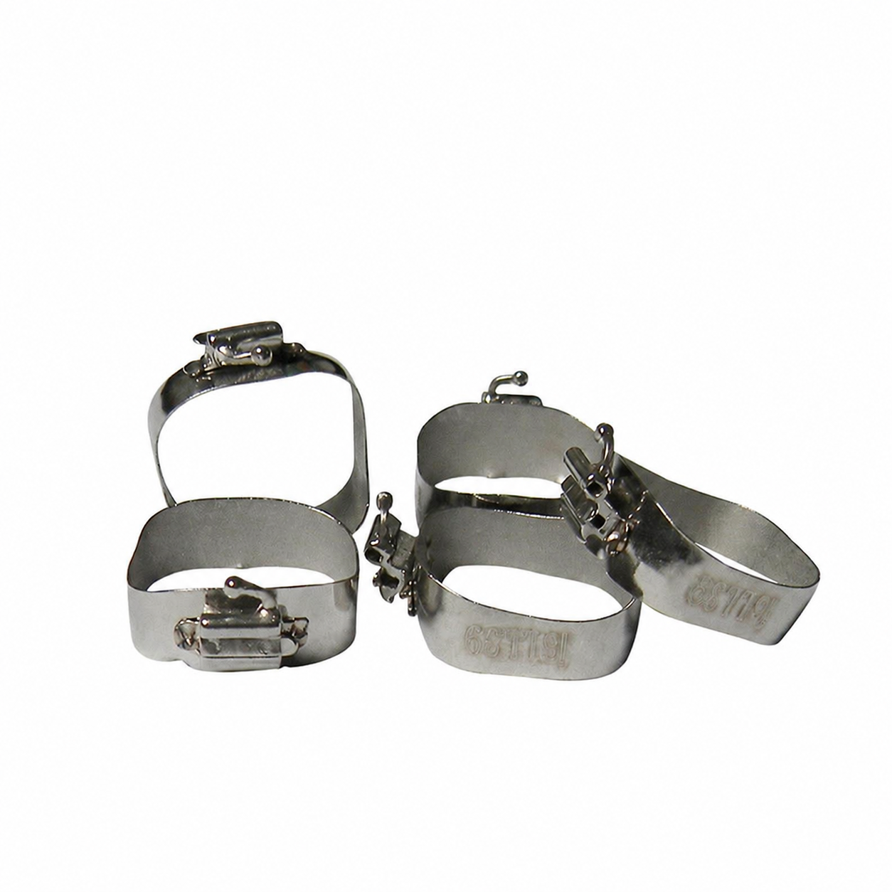 Captain Orthodontics Captain Ortho Band with Roth 018 UTLD tubes, preformed molar bands, shown in a set of five.