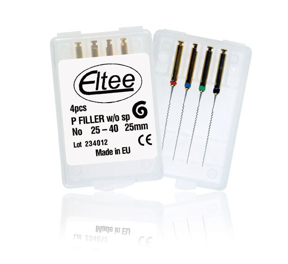 Eltee Paste Fillers without springs, pack of 4 endo instruments, 21mm and 25-40mm sizes, used for dental root canal procedures