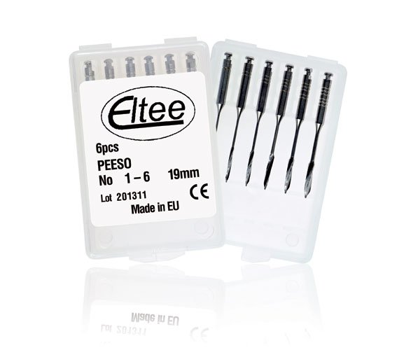Eltee Peeso Reamers Pack of 6 endodontic instruments with stainless steel reamers for dental root canal procedures.
