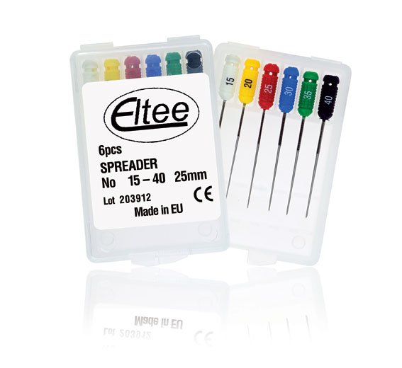 Set of 6 Eltee stainless steel endo spreaders, 25 mm, used for dental procedures, arranged in a pack on a clinical surface.