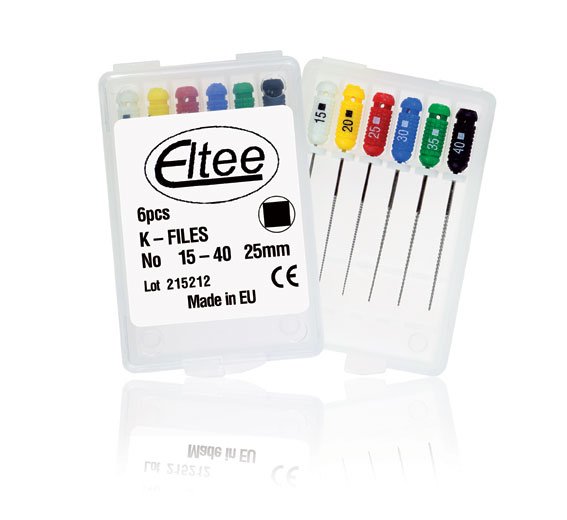 Six stainless steel Eltee K Files, 21mm, for nail filing and shaping, arranged in a pack for professional nail care.