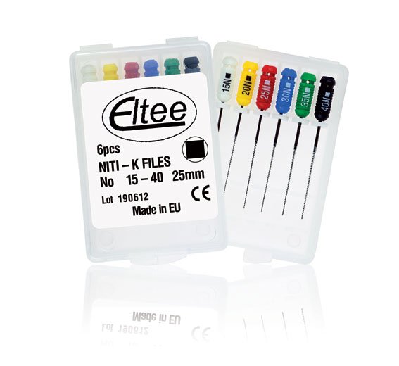 Six stainless steel Eltee K Files, 21mm, for nail and acrylic shaping, arranged in a pack.