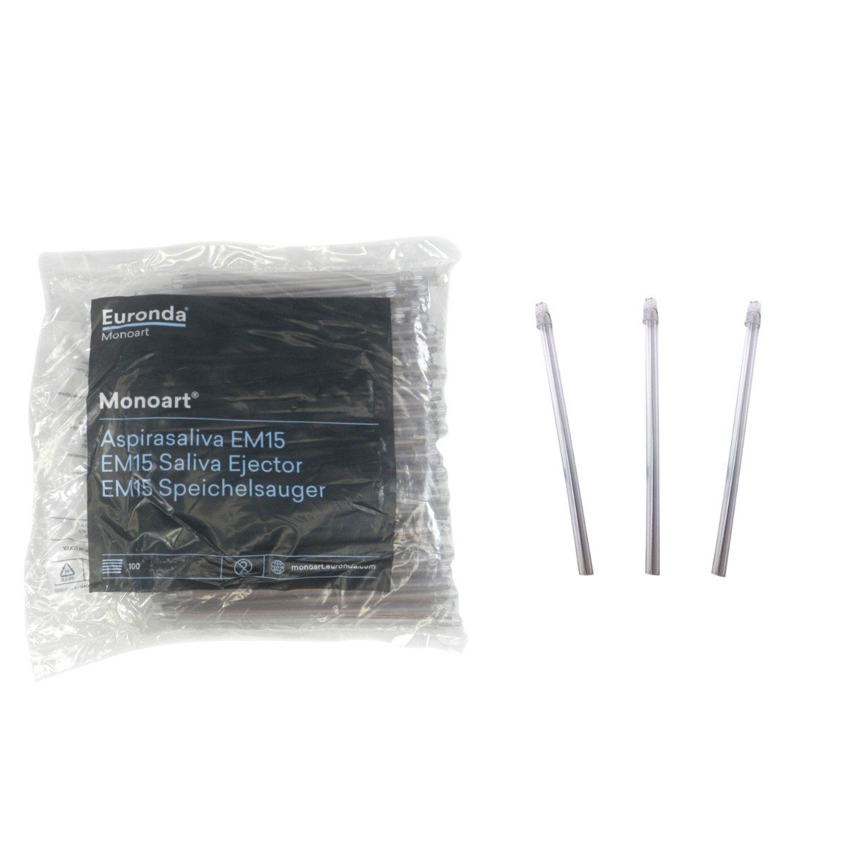 Clear Euronda Monoart saliva ejectors, 15 cm length, designed for dental procedures, shown in a close-up image.