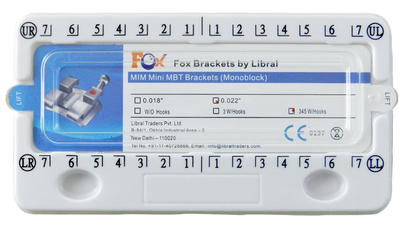 Set of five Fox Monoblock Roth MBT metal brackets for dental appliances, shown in a close-up image.