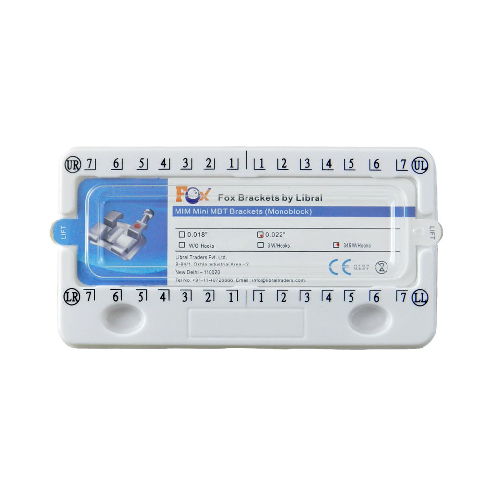 Set of five Fox Monoblock Roth MBT metal brackets for dental appliances, shown in the image with 100 pieces.