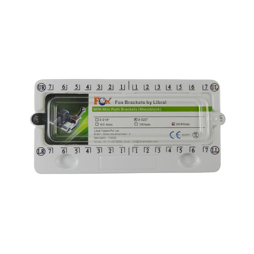 Set of five Fox Monoblock Roth MBT metal brackets for dental appliances, 100-piece kit with non-extraction design.