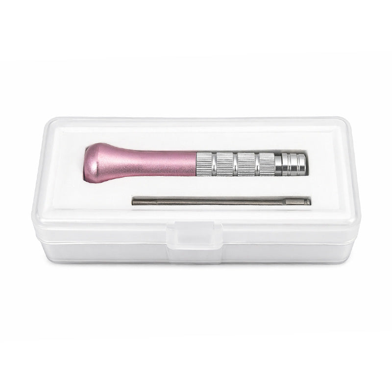 Fox mini screw driver with drive shaft for precise screw driving, shown with small screws and ergonomic handle.