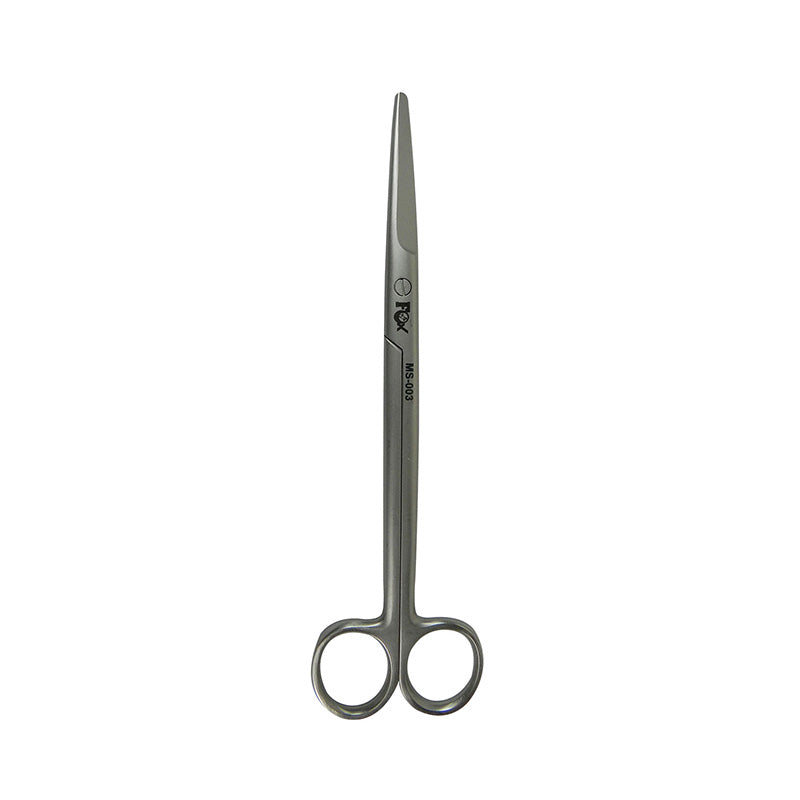 Sharp Fox Mayo surgical scissors, 20 cm straight blades, used for precise cutting in medical procedures, by Fox Surgical.