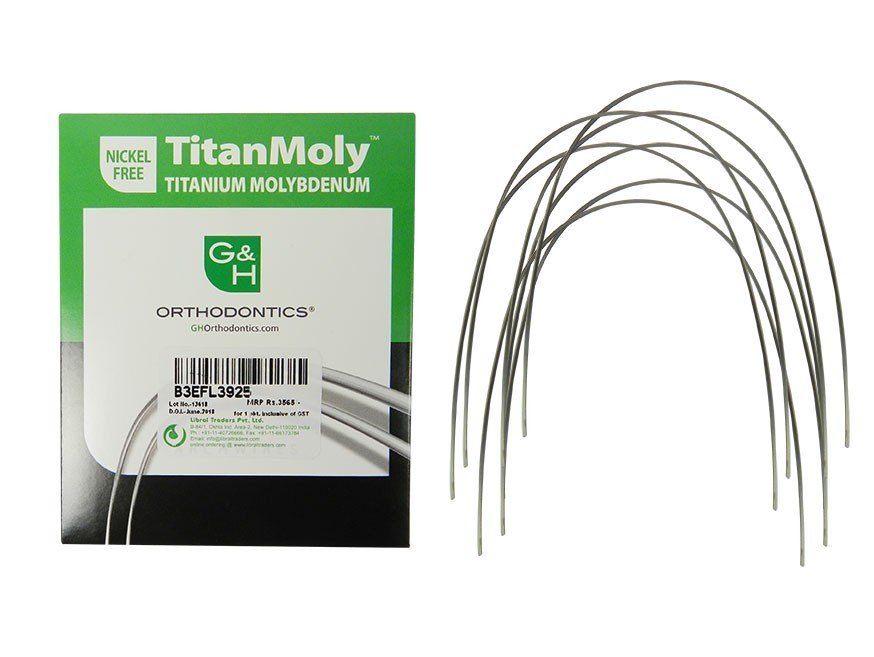 G&H Ortho TitanMoly Titanium Molybdenum CNA Beta 3 wires, size 0.016 x 0.022 inches, upper arch orthodontic wires