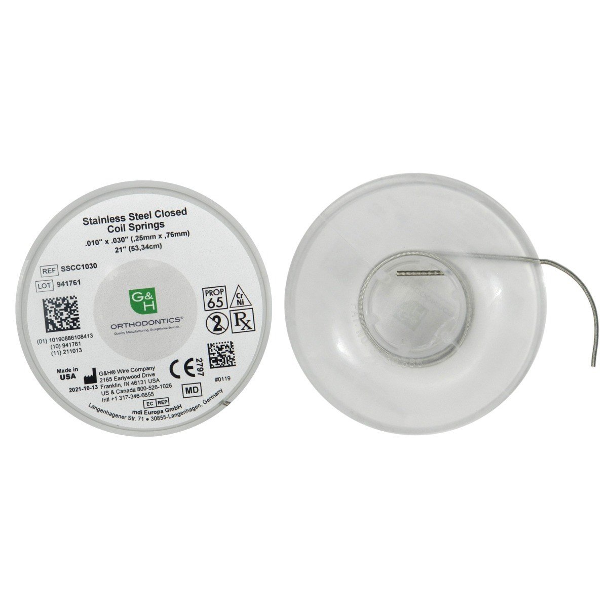 G&H Ortho SS closed coil springs, dental orthodontic coil springs for orthodontic treatment, showing the spring's coiled metal design.