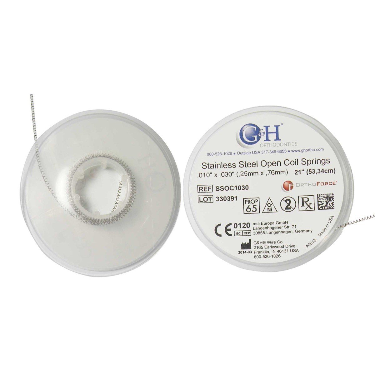 G&H Ortho SS open coil springs in spool, 21-inch length, durable metal coil springs for orthopedic support and cushioning.