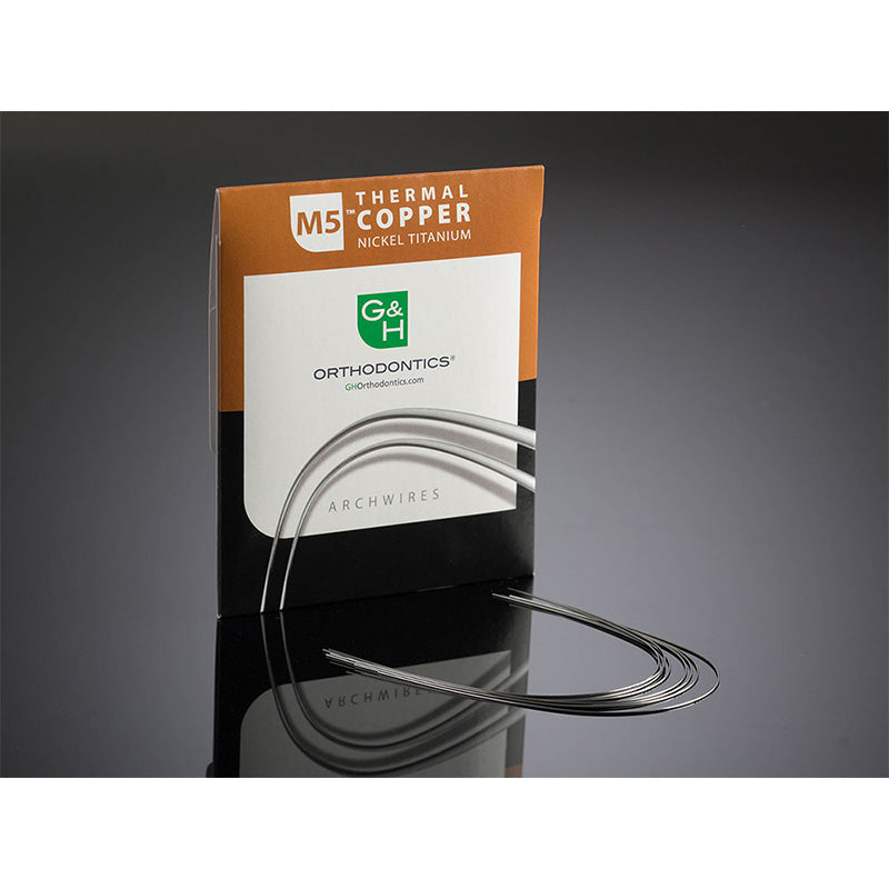 G&H Ortho Damon-compatible M5 Thermal Copper NITI archwire for orthodontic treatment, upper arch, compact packaging.